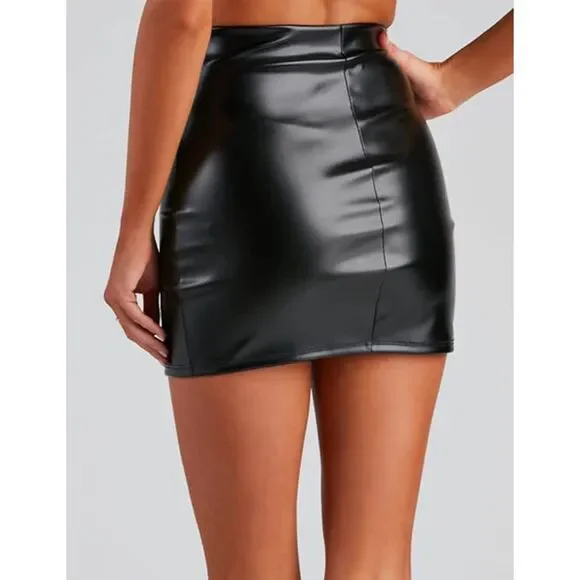 Black Leather Waisted High Side Slit Bodycon Mini Skirt, Large, 7F-184B002 - Picture 2 of 5